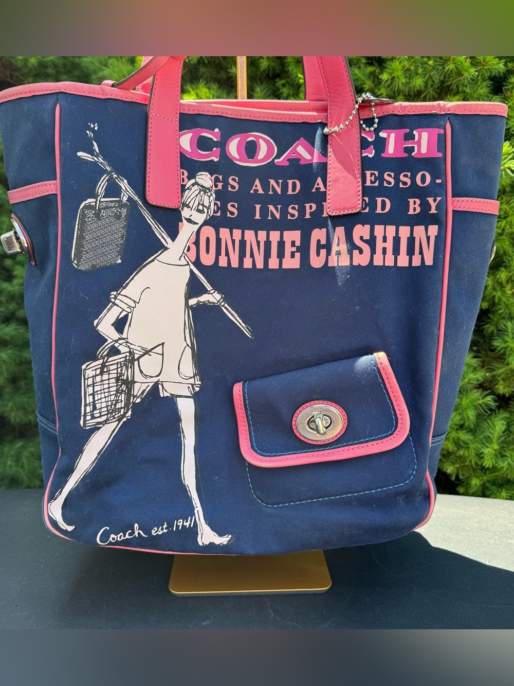 COACH Navy Canvas Tote with Pink Trim and Bonnie Cashin Print